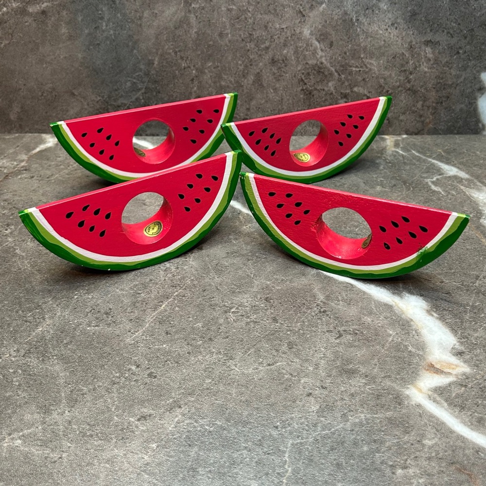 Vintage Watermelon Wooden Napkin Rings Set of 4 Hand Painted Fruit Picnic Decor